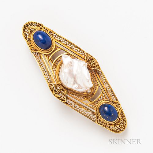 14kt Gold, Baroque Pearl, and Lapis Brooch
