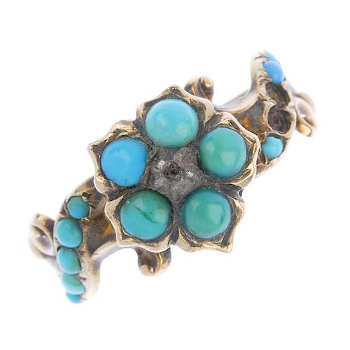A mid Victorian 9ct gold turquoise and diamond forget-me-not ring. The circular turquoise cabochon f