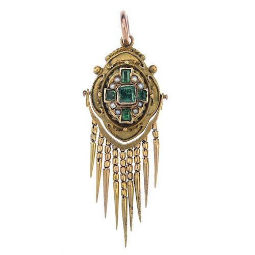 A mid Victorian gold emerald and split pearl pendant. The foil back square-shape emerald and split p