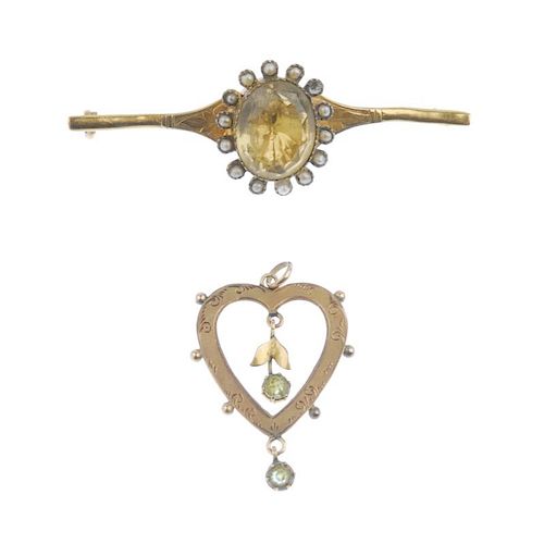 A gem-set and paste bar brooch and a heart pendant. To include a late 19th century gold oval-shape f
