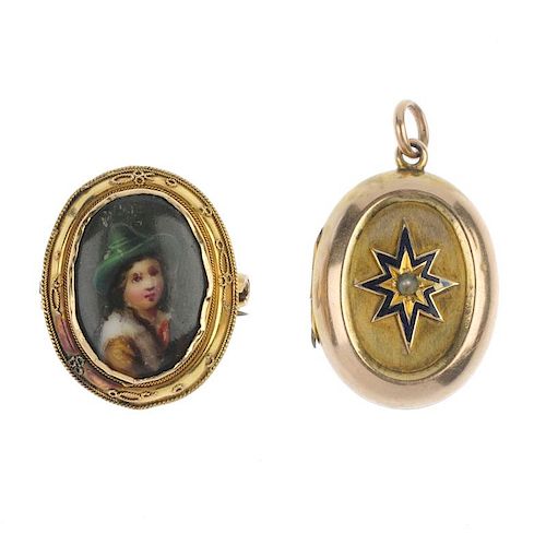 A late 19th century gold brooch and locket. To include a portrait miniature brooch, the ceramic pane