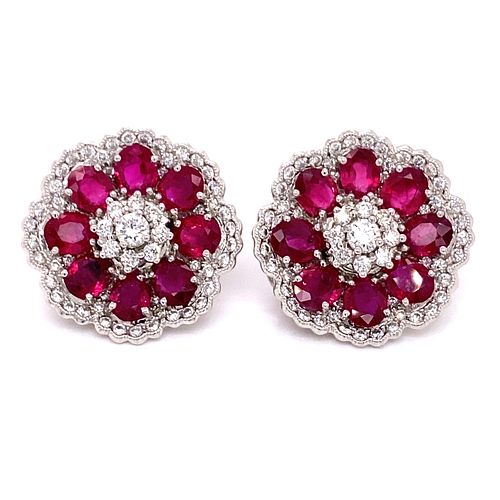 18k Diamond Ruby Flower Earrings