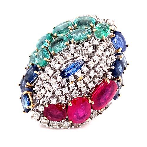 18k Ruby Emerald Sapphire Cluster Ring