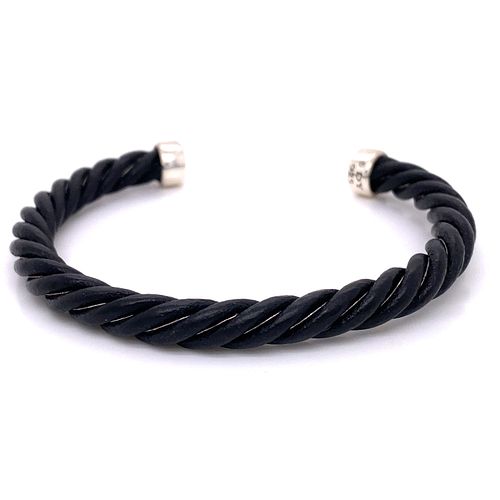 DAVID YURMAN Cable Black Leather & Silver Cuff Bracelet