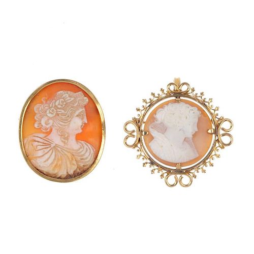 Two mounted shell cameo brooches. Of oval and circular outline, depicting a lady in profile, to the