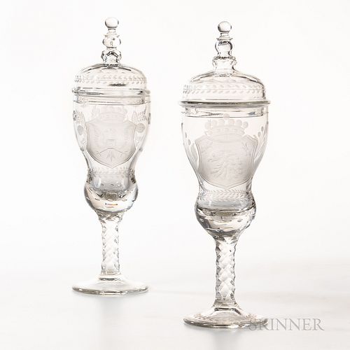 Pair of Covered Cut and Etched Glass Chalices and Covers