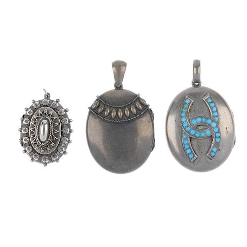 Three late 19th century lockets. All of oval outline, the first with applied horseshoes set with tur