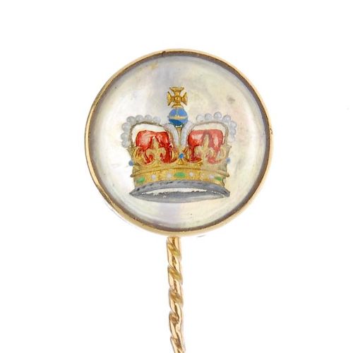 An early 20th century gold reverse carved intaglio stickpin. Of circular-shape outline, the reverse
