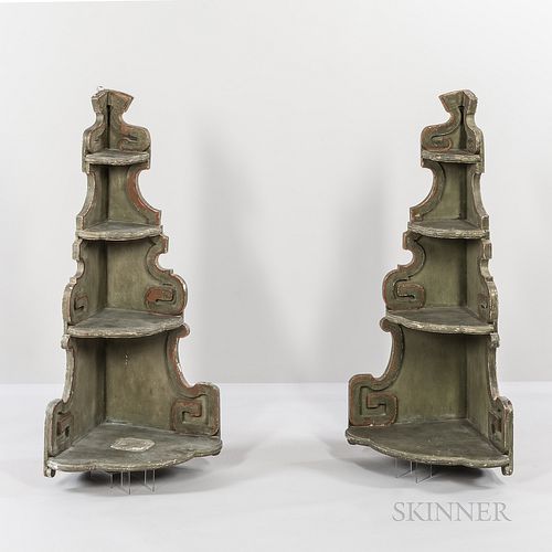 Pair of Green-painted Four-tier Corner Shelves