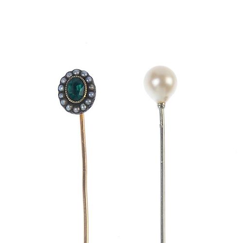 Two stickpins. The first designed as a single cultured pearl head, together with a stickpin designed