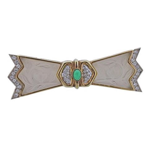 Lavin Gold Diamond Emerald Frosted Crystal Bow Brooch Pin