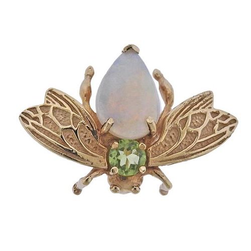 14K Gold Peridot Opal Bee Brooch Pin