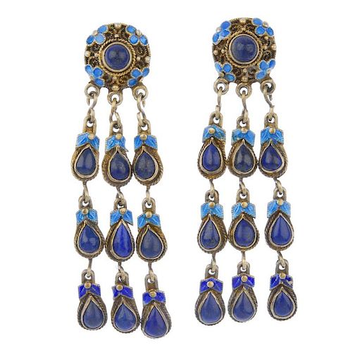 A selection of jewellery. To include a pair of lapis lazuli and blue enamel fringe ear pendants, an