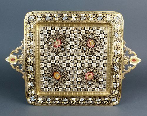 Very Fine French Champleve Enamel and Bronze Tray, 19th