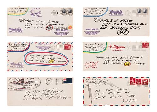 HC Westermann
(American, 1922-1981)
Untitled (To Rolf Nelson), 1963-68 (a group of six embellished envelopes)