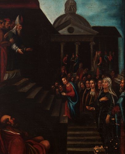 Spanish school of the XVIII century.
"Presentation of the Virgin in the temple".
Oil on canvas.