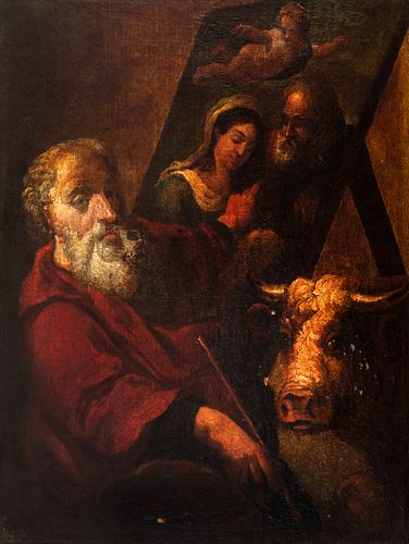 Spanish school of the first half of the 18th century.
"Saint Luke painting the Holy Family".
Oil on canvas. Re-framed.