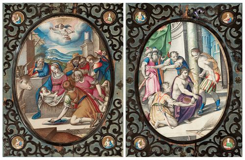 FRANCESCO DA CASTELLO (Brussels, 1540- Rome, 1621).
"The Adoration of the Shepherds" and "The Crowning of Thorns surrounded by tetramorphs".
Pair of v