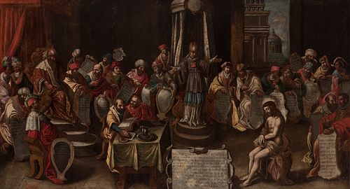 French school; first half of the XVII century."The Judgement of Jesus in the Sanhedrin".Oil on canvas. Re-drawn.