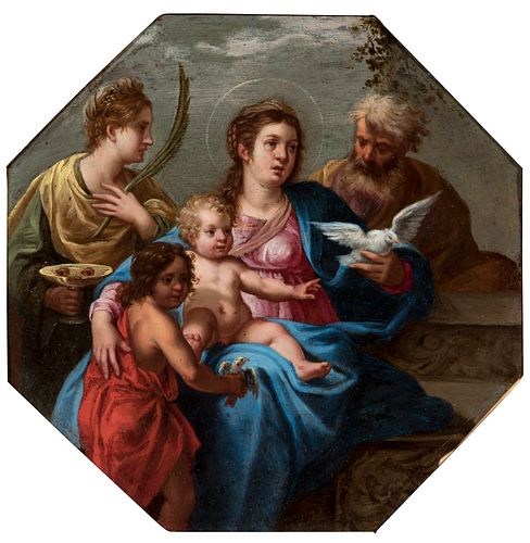 Follower of ANIBALE CARRACCI (Bologna, 1560 - Rome, 1609).
"Holy family with St. John and St. Lucy".
Oil on copper.