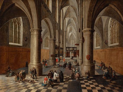 PIETER NEEFS THE OLD (Antwerp, ca.1578 - between 1656 and 1661).
"Interior of a church".
Oil on canvas. Re-inked.