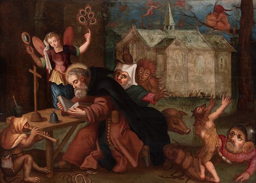 Flemish school. Follower of EL BOSCO, XVI century.
"Temptations of St. Anthony".
Oil on panel (seamed).