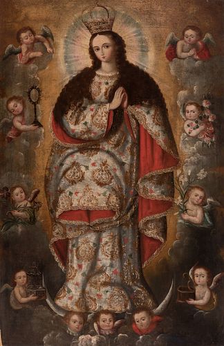Cuzco School, late seventeenth century.DIEGO QUISPE TITO (Peru, 1611 - 1681), attributed.
"Virgin with angels.
Oil on canvas.