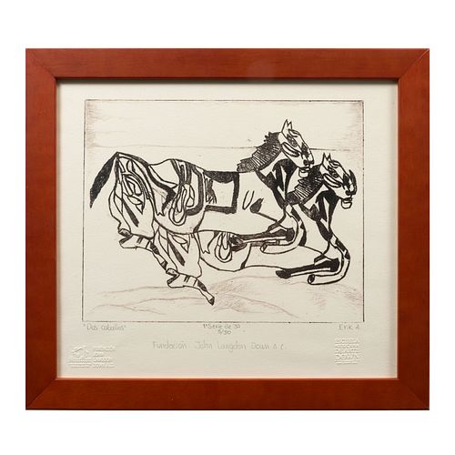 ERICK ALCÁNTARA. Dos caballos. Litografía. Firmada. Con sello de Escuela Mexicana de Arte Down y Fundación John Langdon Down A.C.