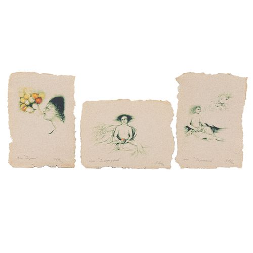 GONZÁLO CEJA. La mujer y fruto, La Primavera, La joven. Firmadas. Electrografía sobre papel algodón 25/100. 23 x 17 cm.
