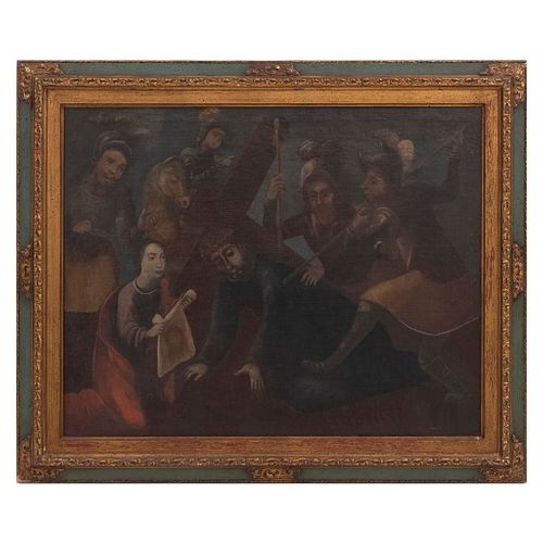 Sexta estación del Viacrucis: La Verónica enjuaga el rostro de Jesús. México, SXVIII. Óleo sobre tela. 68 x 41 cm