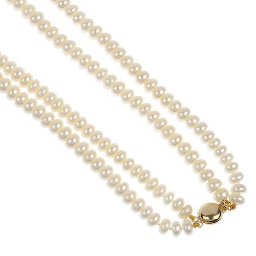 Four freshwater cultured pearl two-row necklaces. Each designed as two strands of bouton-shape fresh