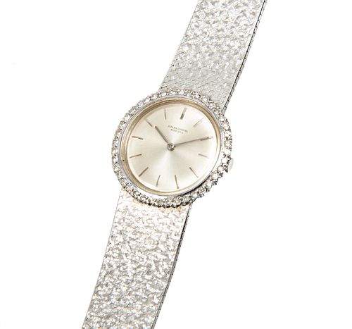 Reloj International Watch Co. Movimiento manual. Caja y pulso integral en oro blanco de 18k. Bisel con 41 diamantes