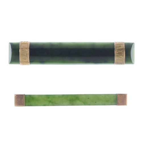 Two late 19th century nephrite jade and gold brooches. The first a rectangular bar brooch with gold