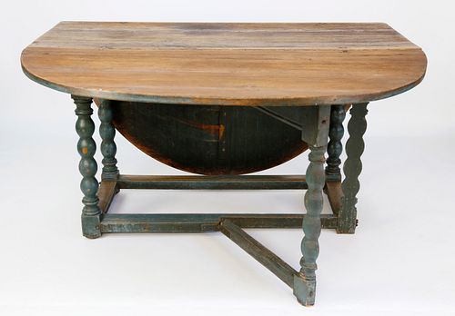 Gustavian Swedish Spruce and Blue Painted Drop Leaf Dining Table, 18th C.