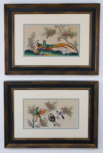 Pair of Chinese Export Watercolors on Pith Paper "Pair of Pheasants and Other Birds in Foliage", circa 1850