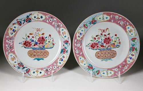 Pair of Chinese Export Famille Rose Porcelain Plates, Yongzheng, circa 1730