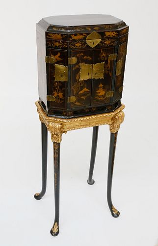 Chinese Export Gilt Decorated Black Lacquer Collector's Cabinet on Stand, 19th Century