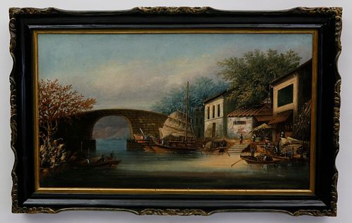 China Trade Oil on Canvas "Riverside Market", circa 1870