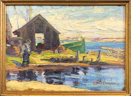 Anne Ramsdell Congdon Oil on Board "The Doris Docked at Petral Shack, Nantucket"
