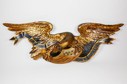 Vintage Carved American Giltwood and Polychrome Eagle Plaque