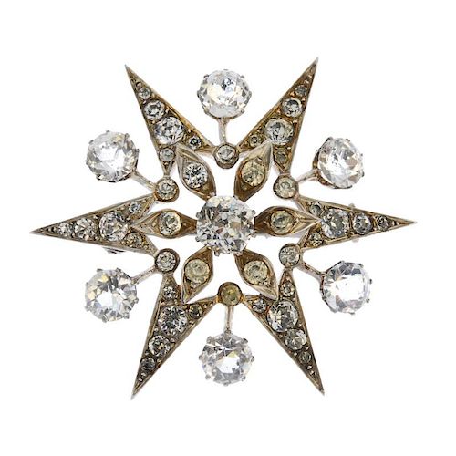 A late 19th century paste star brooch. The cushion-shape paste, to the similarly-set paste star surr