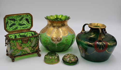 4 Pieces Of Enameled Decorated Green Glass