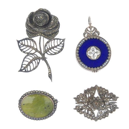 A selection of marcasite jewellery. To include a bracelet with onyx inlaid to the centre of the marq