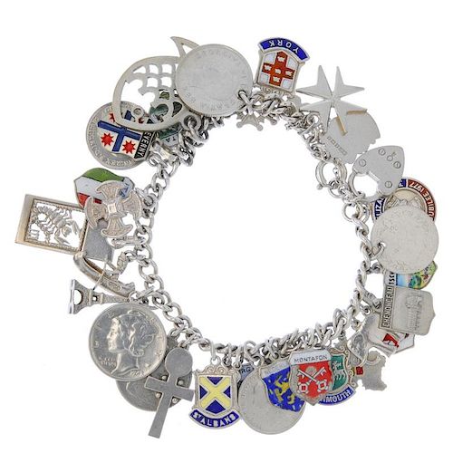 Five charm bracelets. Suspending a total of seventy charms, to include an acorn, a clog and a cabin