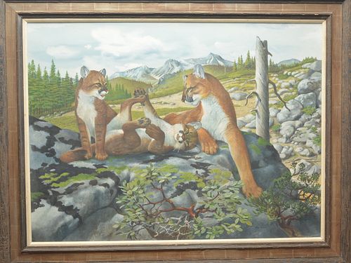 Original gouache on paper of mountain lion family in western scene, Ray Harm (1927-2015).
