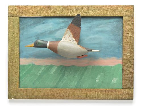 1/2 size flying mallard drake on painted background, Gus Wilson, South Portland, Maine.