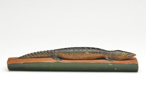 Carved whimsical alligator resting on a log, Oscar Peterson, Cadillac, Michigan, 2nd quarter 20th century.