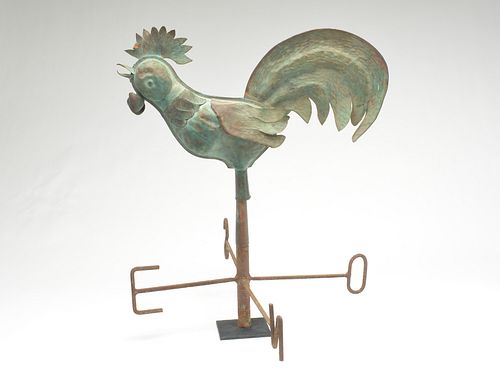 Full body copper weathervane of a crowing rooster.