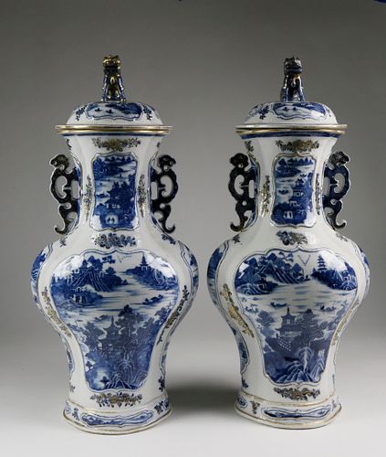 Pair of Chinese Export Porcelain Blue Baluster Vases with Covers, 18th century