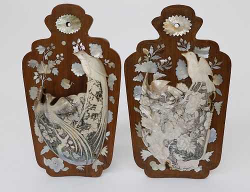 Pair of Chinese Mother of Pearl and Teak Wood Wall Pockets, 19th Century